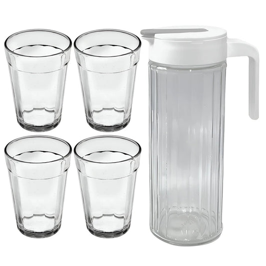 Set de Jarra con 4 Vasos de Vidrio Resistente, Funcional y Duradero