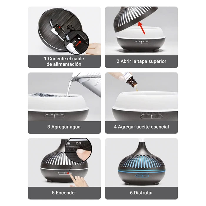 Kit Difusor de Aromas Humidificador 550ml LED + 12 Aceites Esenciales