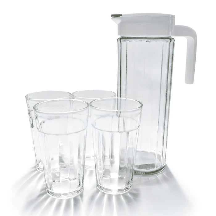 Set de Jarra con 4 Vasos de Vidrio Resistente, Funcional y Duradero
