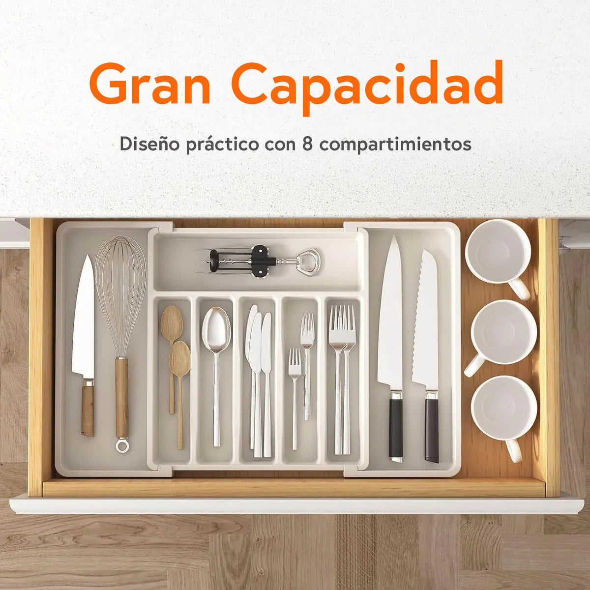 Organizador Cubiertos Extensible Cajon Utensilios Cubiertero Color Blanco