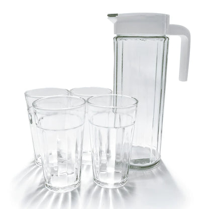 Set de Jarra con 4 Vasos de Vidrio Resistente, Funcional y Duradero