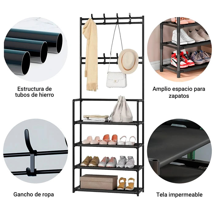 Perchero y Zapatero Metálico DecoTeam con 4 Niveles y 8 Ganchos Removibles, 80 x 30 x 154cm