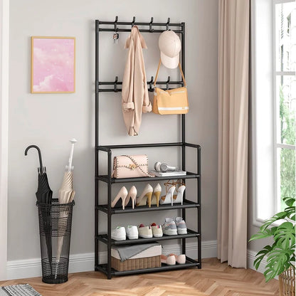 Perchero y Zapatero Metálico DecoTeam con 4 Niveles y 8 Ganchos Removibles, 80 x 30 x 154cm